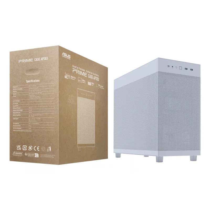 ASUS PRIME AP303 Mesh 90DC00V3-B39000 caja de PC Midi Tower, ATX/Micro-ATX, panel de malla, 2x USB 3.2, sin fuente de alimentación, blanca