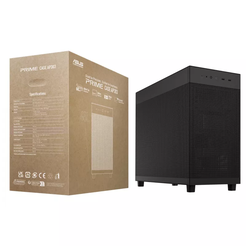 Caja de PC ASUS Prime AP303 Mesh Midi Tower — ATX, compatible con GPU de 36 cm, disipador de CPU 165 mm, USB-A 2×, USB-C 1