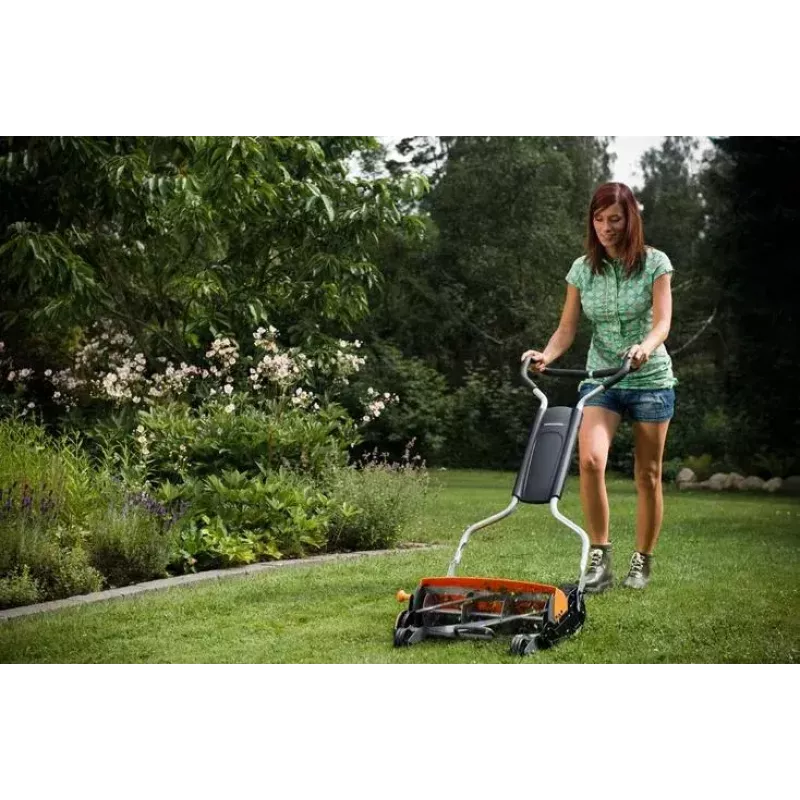 Fiskars StaySharp Max 113880 cortacésped helicoidal manual, ancho de corte 46 cm, altura de corte 25–100 mm, negro/naranja