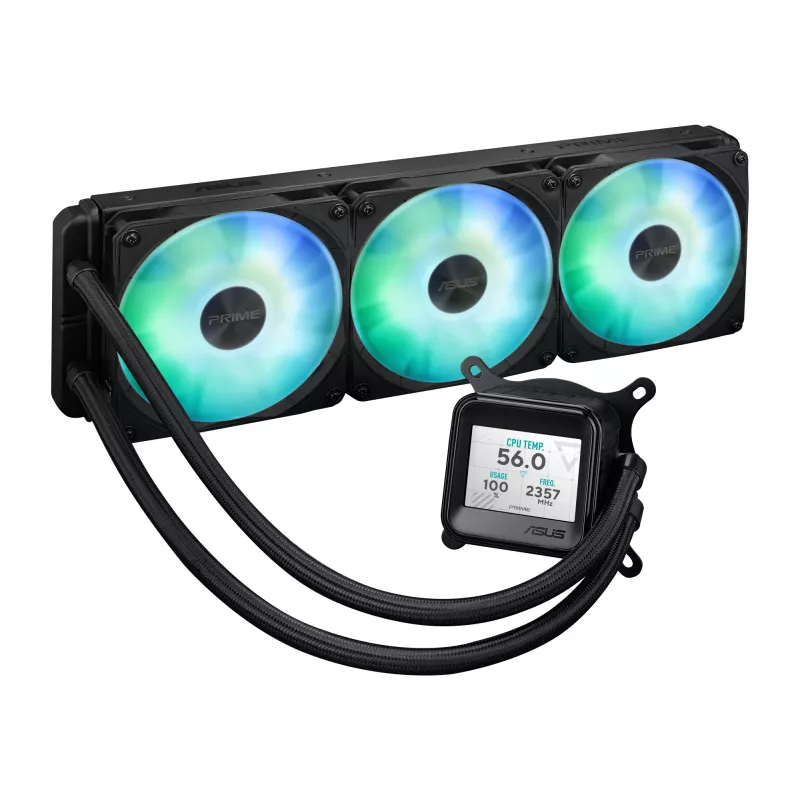 Refrigeración líquida todo en uno ASUS Prime LC 360 ARGB LCD — Radiador de 360 mm, 3 ventiladores de 120 mm, LCD, PWM, Negro