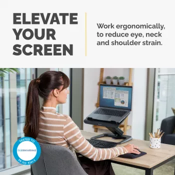 Soporte para portátil Fellowes para escritorio – Soporte para portátil Hana LT para casa y oficina – Soporte para portátil ajustable con 3 alturas – Tamaño máximo de pantalla 19