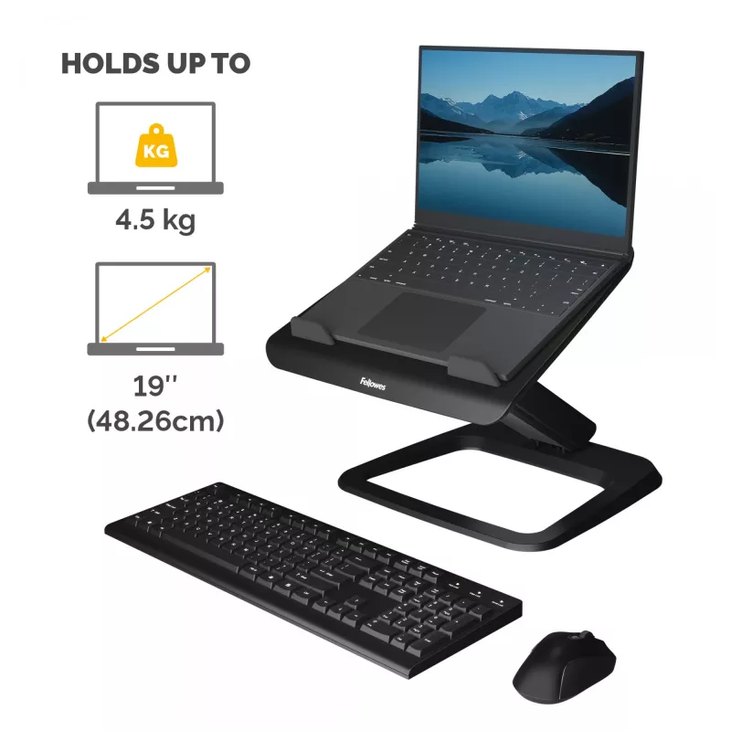 Soporte para portátil Fellowes para escritorio – Soporte para portátil Hana LT para casa y oficina – Soporte para portátil ajustable con 3 alturas – Tamaño máximo de pantalla 19 inch – Peso máximo 4,5 kg – Negro