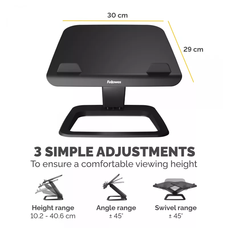 Soporte para portátil Fellowes para escritorio – Soporte para portátil Hana LT para casa y oficina – Soporte para portátil ajustable con 3 alturas – Tamaño máximo de pantalla 19 inch – Peso máximo 4,5 kg – Negro