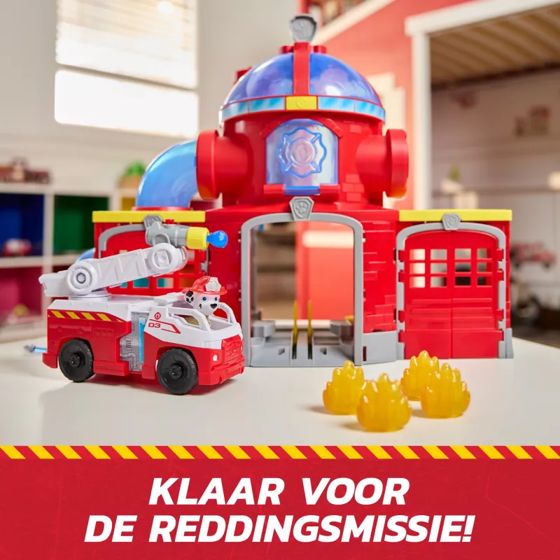 PAW Patrol Fire Rescue centro de mando de rescate de bomberos con figura de Marshall, camión de bomberos de rescate, luces, lanzador y efectos de sonido, juguete infantil para niños y niñas a partir de 3 años