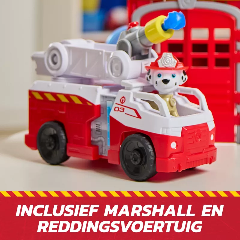 PAW Patrol Fire Rescue centro de mando de rescate de bomberos con figura de Marshall, camión de bomberos de rescate, luces, lanzador y efectos de sonido, juguete infantil para niños y niñas a partir de 3 años