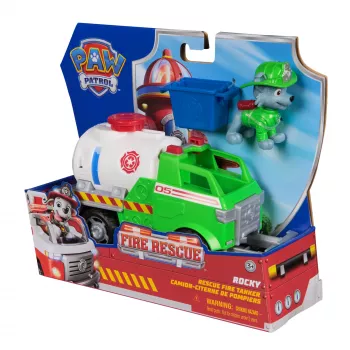 PAW Patrol Fire Rescue: Rocky Rescue camión cisterna de bomberos con figura de acción, brazo de agarre y camión de juguete, juguete para niños y niñas a partir de 3 años