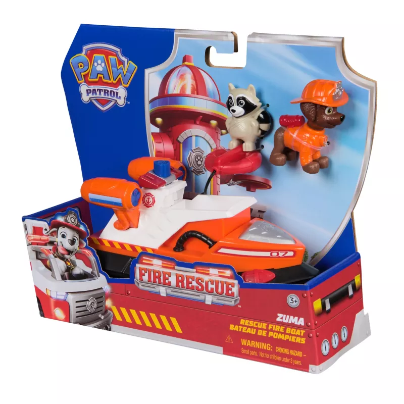 PAW Patrol Fire Rescue: Zuma lancha de bomberos de rescate con figura de acción, salvavidas lanzable, mapache y barco de juguete, juguete infantil para niños y niñas a partir de 3 años