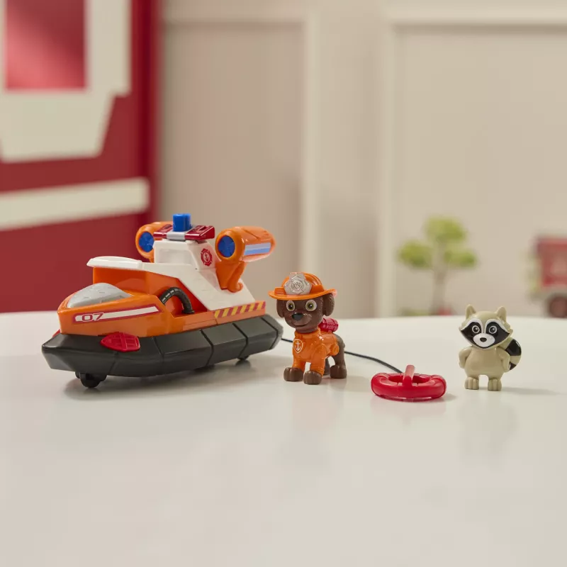 PAW Patrol Fire Rescue: Zuma lancha de bomberos de rescate con figura de acción, salvavidas lanzable, mapache y barco de juguete, juguete infantil para niños y niñas a partir de 3 años