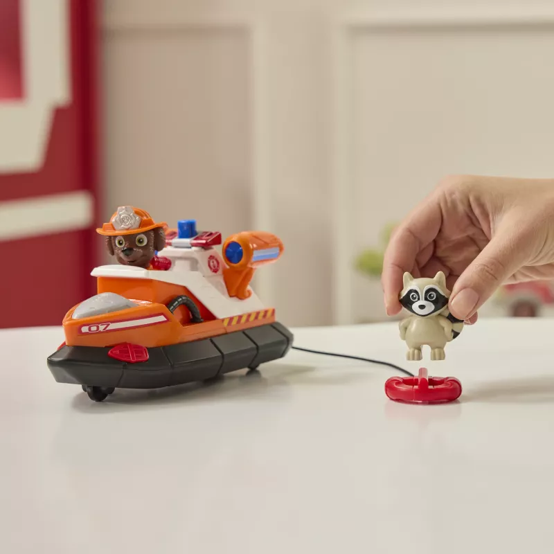 PAW Patrol Fire Rescue: Zuma lancha de bomberos de rescate con figura de acción, salvavidas lanzable, mapache y barco de juguete, juguete infantil para niños y niñas a partir de 3 años
