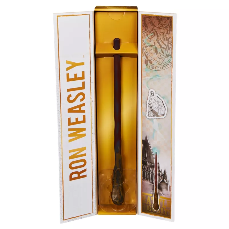 Spin Master Wizarding World Harry Potter varita auténtica de Ron Weasley con soporte de Hogwarts, para juegos de rol, de plástico, a partir de 14 años