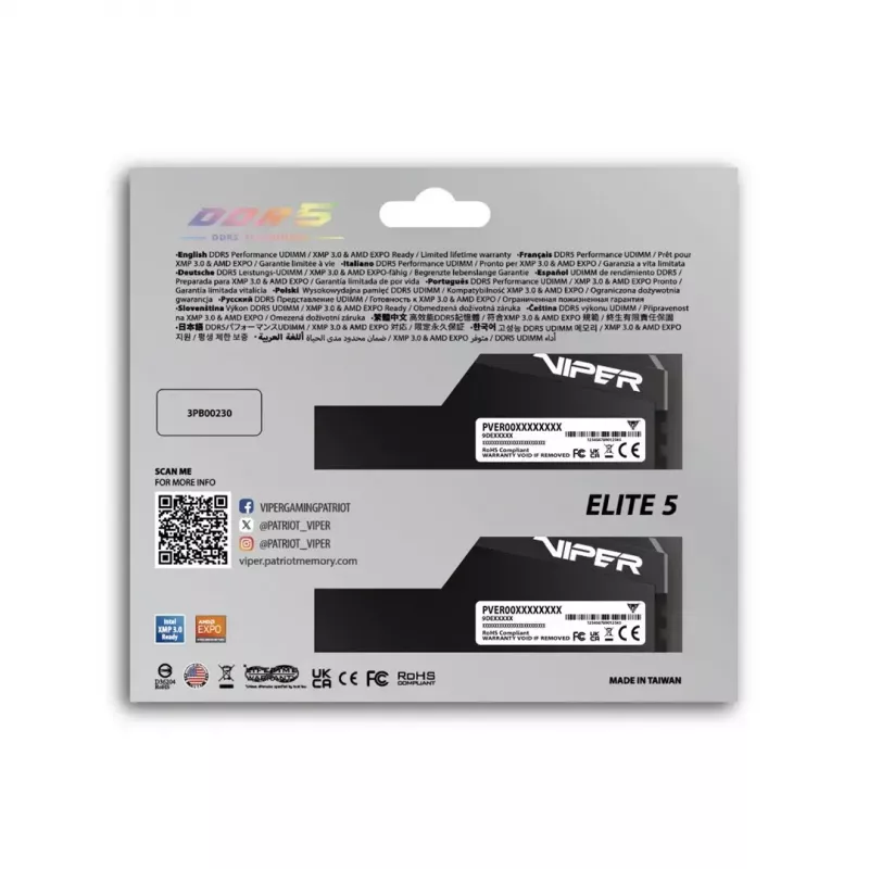 Patriot Viper Elite 5 Ultra VEU564G6028K 64GB (2x32GB) DDR5-6000 CL28 kit de RAM para sobremesa, Intel XMP 3.0, AMD EXPO, disipador, negro