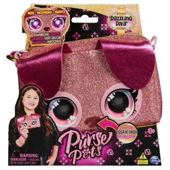 Purse Pets, Keepin’ It Clutch Dazzling Diva juguete de cachorro y bolso de muñeca con ojos arcoíris luminosos, juguete para niñas a partir de 4 años