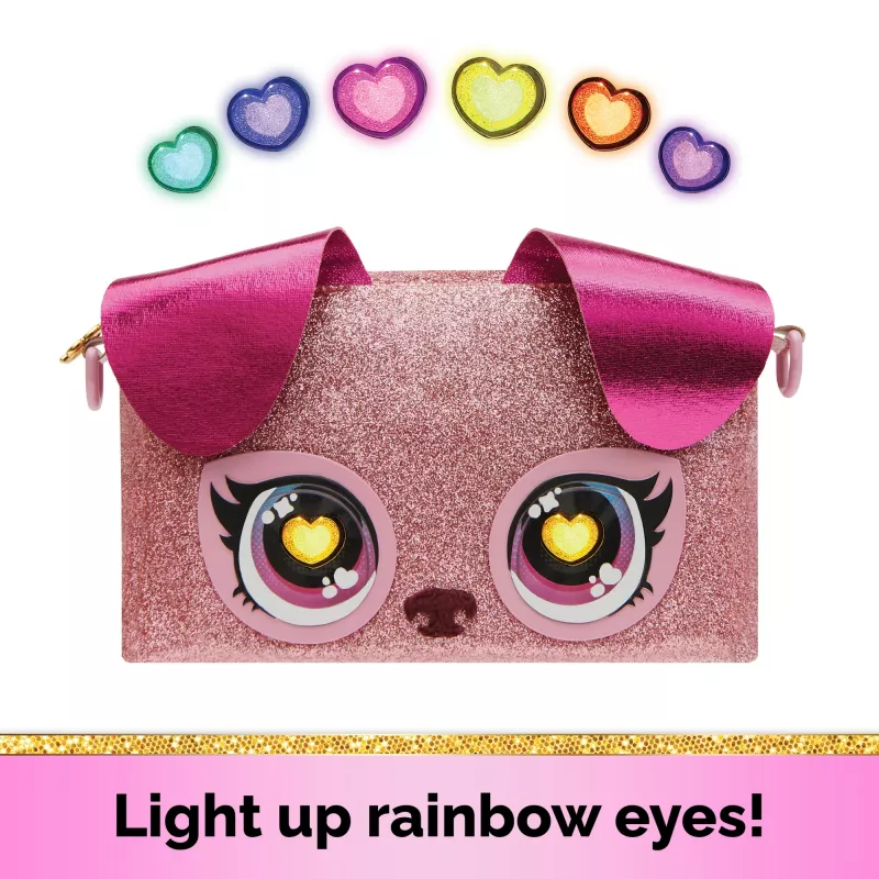 Purse Pets, Keepin’ It Clutch Dazzling Diva juguete de cachorro y bolso de muñeca con ojos arcoíris luminosos, juguete para niñas a partir de 4 años