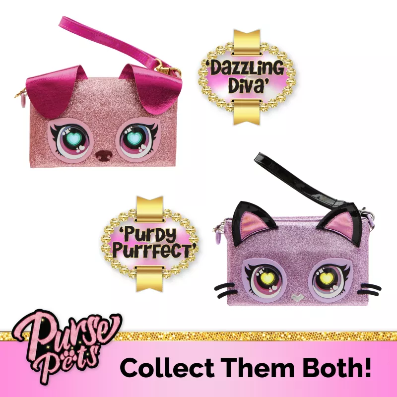 Purse Pets, Keepin’ It Clutch Dazzling Diva juguete de cachorro y bolso de muñeca con ojos arcoíris luminosos, juguete para niñas a partir de 4 años