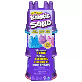 Kinetic Sand, Shimmer Sand pack de 3 con moldes y 340g, arena cinética para niños, 4 años, no tóxica, plástico, azul, rosa, lila