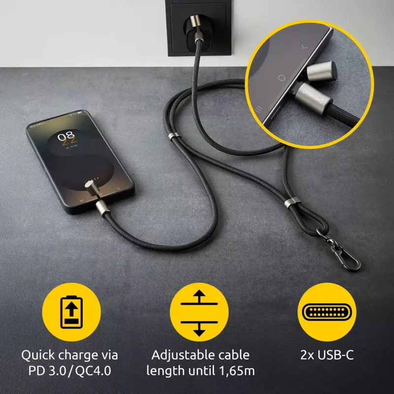 Cordón de carga USB-C Intenso para teléfono 60W carga rápida longitud ajustable 1,65m nailon negro