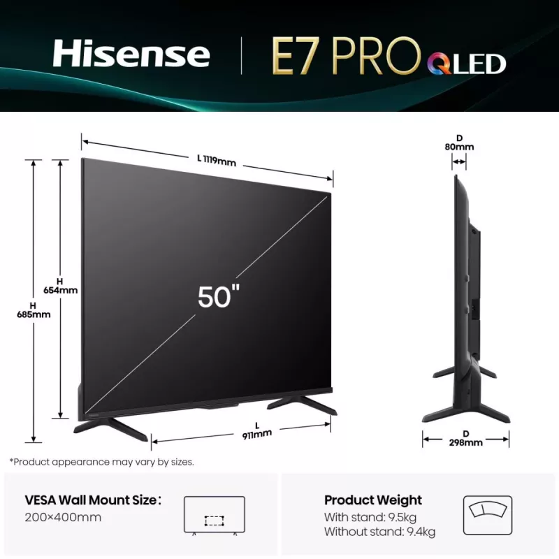 Hisense 50E77Q PRO Smart TV QLED 127 cm (50 pulgadas), 4K Ultra HD, 144 Hz, triple sintonizador, Dolby Vision, HDR10+, Wi-Fi, negro