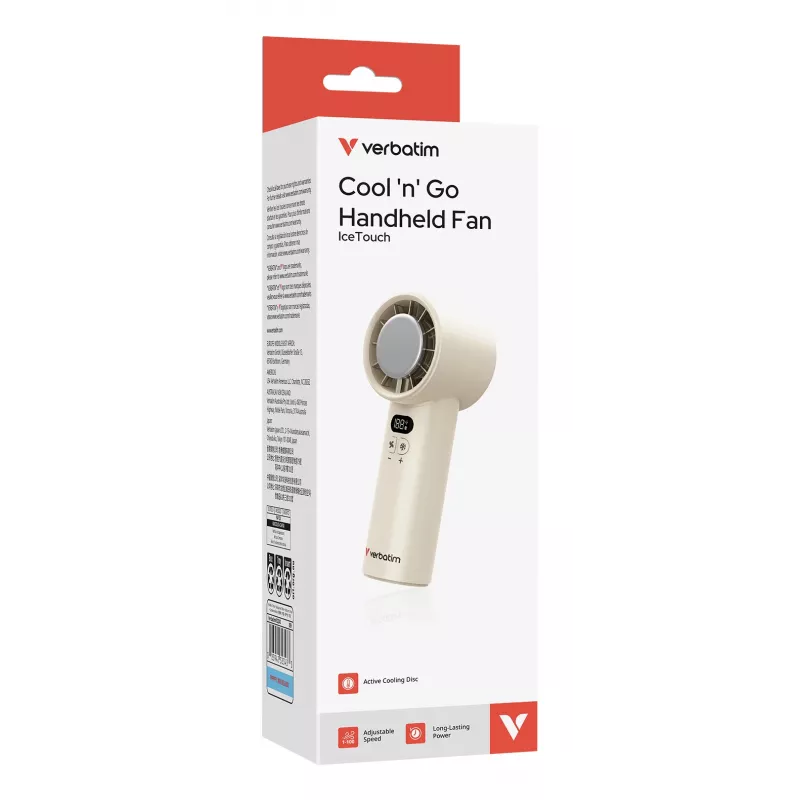 Ventilador de mano Verbatim Cool’n’Go IceTouch blanco/plata, plata, blanco, 1 ventilador, ventilador de mano, 1 ud., 8 W, iones de litio (Li-Ion)