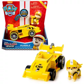PAW Patrol, Ready, Race, Rescue vehículo Rubble’s Race & Go Deluxe con sonido, para niños a partir de 3 años