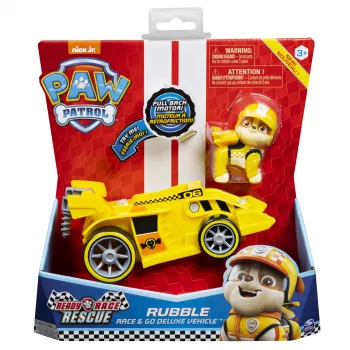 PAW Patrol, Ready, Race, Rescue vehículo Rubble’s Race & Go Deluxe con sonido, para niños a partir de 3 años