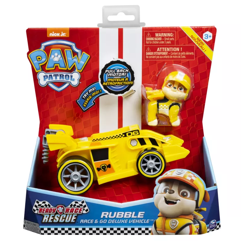 PAW Patrol, Ready, Race, Rescue vehículo Rubble’s Race & Go Deluxe con sonido, para niños a partir de 3 años