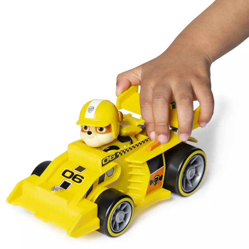 PAW Patrol, Ready, Race, Rescue vehículo Rubble’s Race & Go Deluxe con sonido, para niños a partir de 3 años