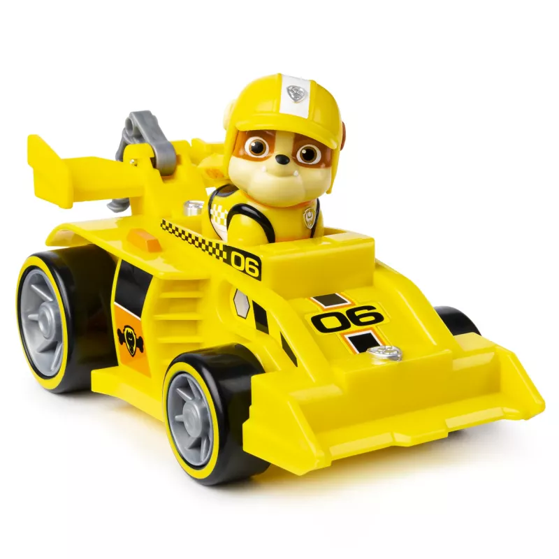 PAW Patrol, Ready, Race, Rescue vehículo Rubble’s Race & Go Deluxe con sonido, para niños a partir de 3 años