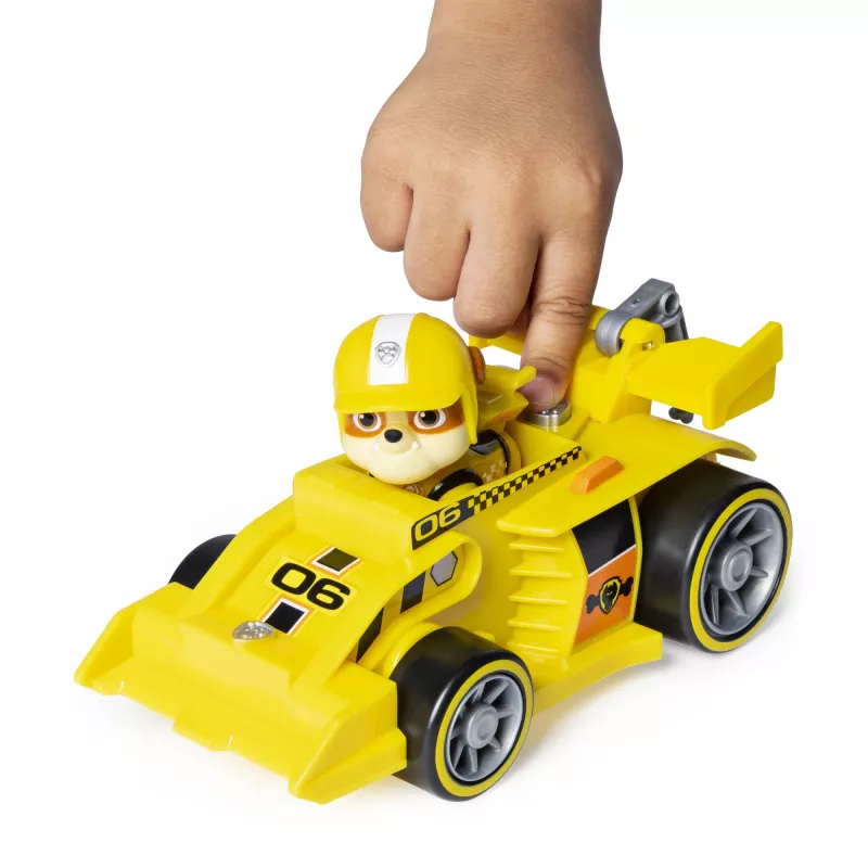 PAW Patrol, Ready, Race, Rescue vehículo Rubble’s Race & Go Deluxe con sonido, para niños a partir de 3 años