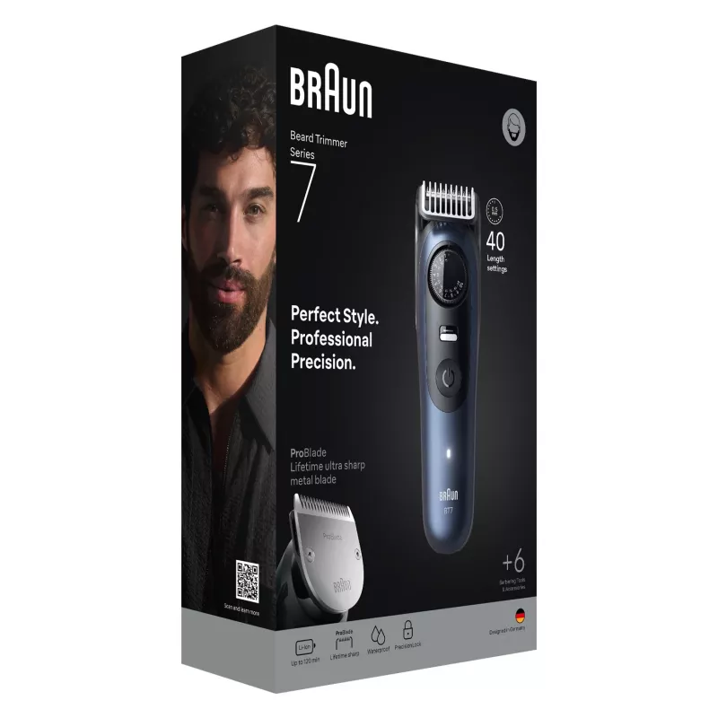 Braun BeardTrimmer 7 BT7520 batería 40 2 cm en húmedo y en seco negro, azul