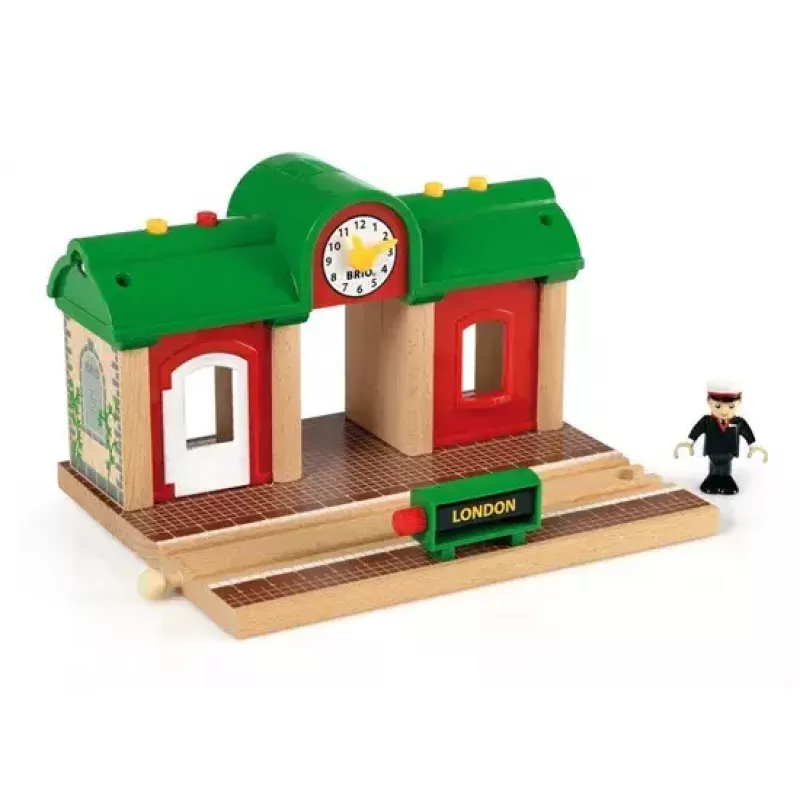 Estación de grabación y reproducción para trenes en miniatura de Ravensburger – BRIO, 3 piezas, pila AA, negro/verde/rojo