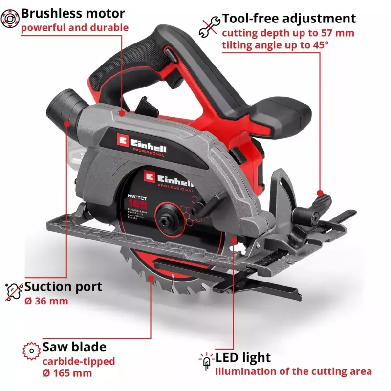 Sierra circular de mano a batería EINHELL Professional TP-CS 18/165 Li BL, 18 V, Solo (sin batería/cargador)