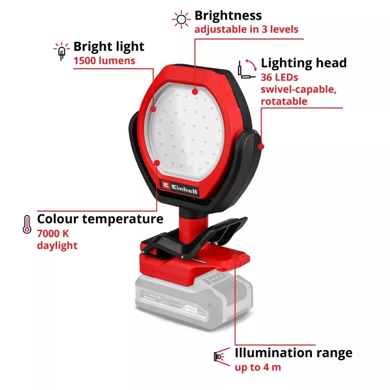 Lámpara exterior a batería EINHELL GC-OL 18/1500 Li-Solo — luminaria LED, batería y cargador no incluidos