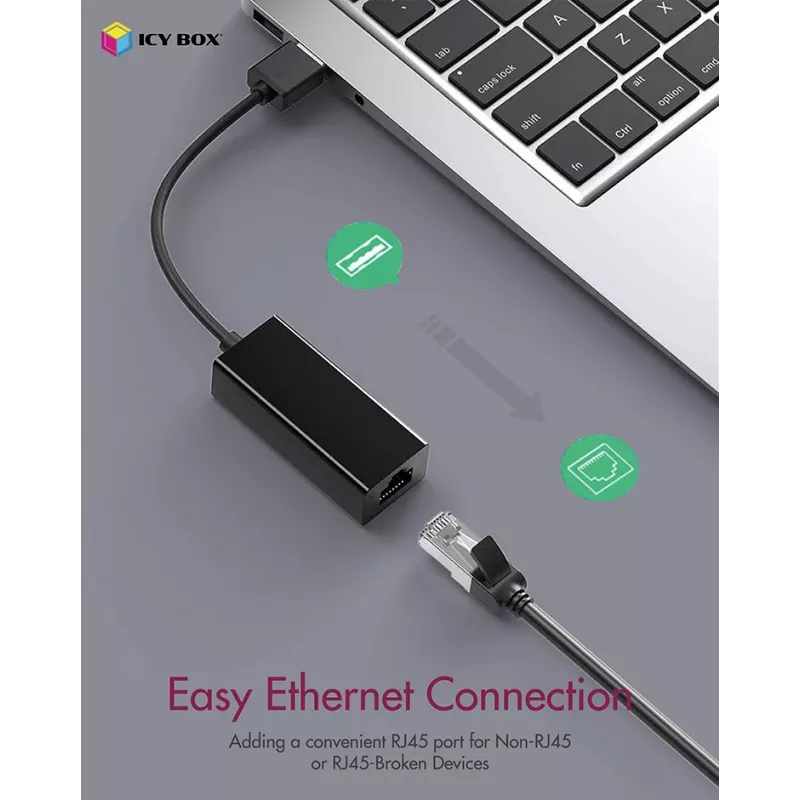 ICY BOX USB 3.0 Type-A a puerto Ethernet RJ-45, con cable, USB, Ethernet, 1000 Mbit/s, negro