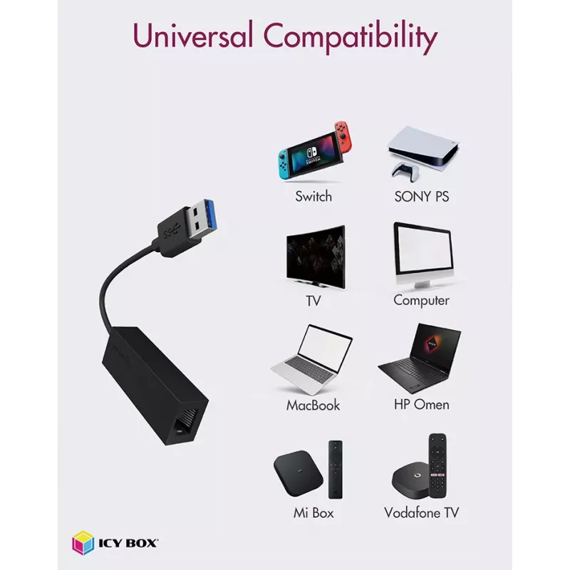 ICY BOX USB 3.0 Type-A a puerto Ethernet RJ-45, con cable, USB, Ethernet, 1000 Mbit/s, negro