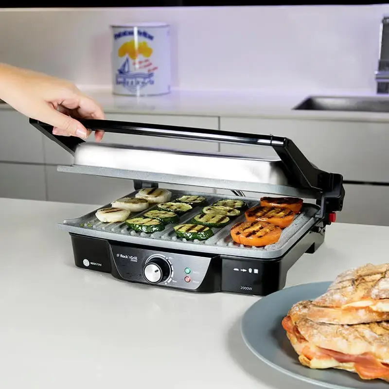Parrilla de contacto CECOTEC Rock'nGrill 2000 — 2000 W, rectangular, negra/acero inoxidable, termostato ajustable, 340×330×130 mm