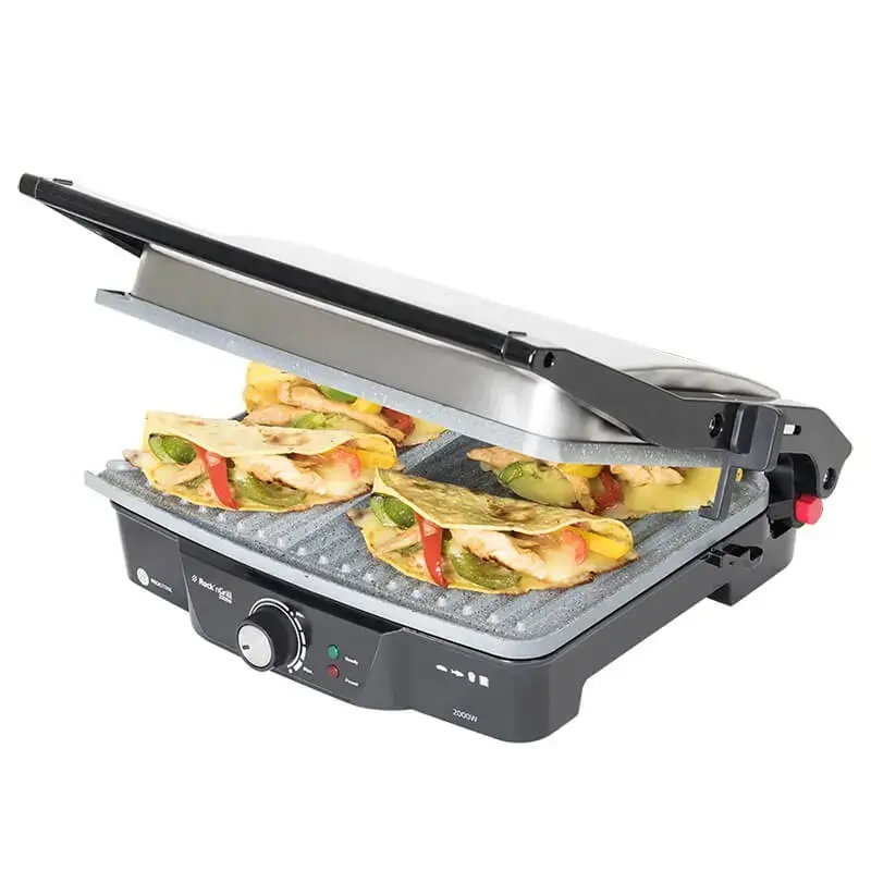 Parrilla de contacto CECOTEC Rock'nGrill 2000 — 2000 W, rectangular, negra/acero inoxidable, termostato ajustable, 340×330×130 mm