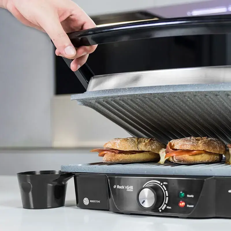 Parrilla de contacto CECOTEC Rock'nGrill 2000 — 2000 W, rectangular, negra/acero inoxidable, termostato ajustable, 340×330×130 mm