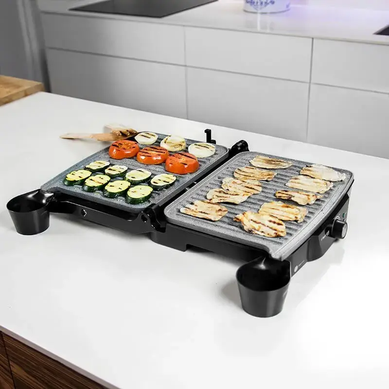 Parrilla de contacto CECOTEC Rock'nGrill 2000 — 2000 W, rectangular, negra/acero inoxidable, termostato ajustable, 340×330×130 mm