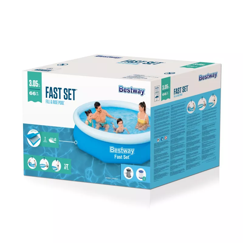 Bestway Fast Set piscina redonda inflable set 3,05 m x 66 cm, 3200 L, piscina inflable, niños y adultos, azul, blanco, 9,26 kg