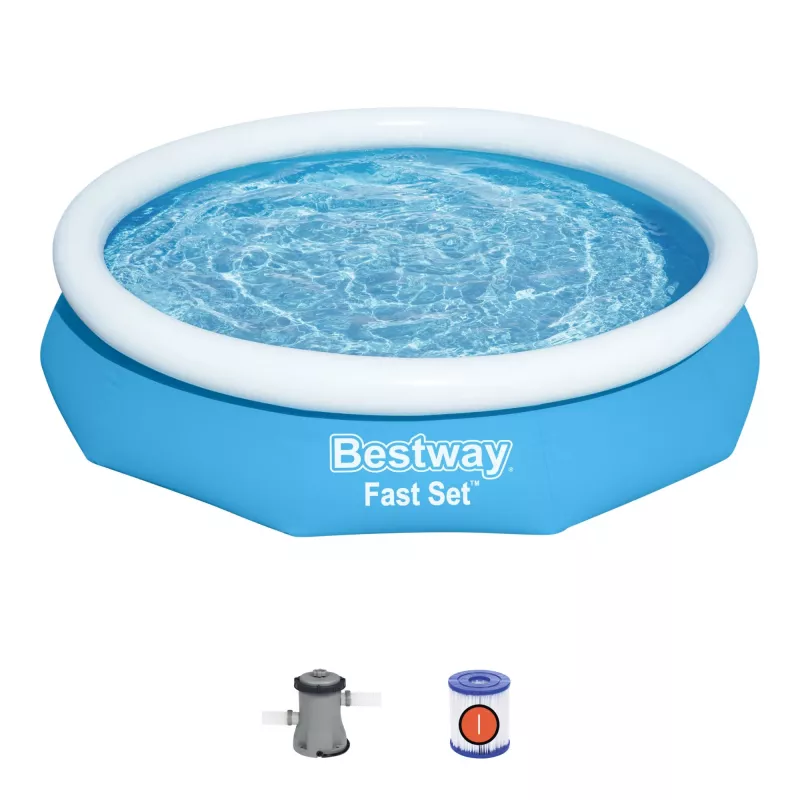 Bestway Fast Set piscina redonda inflable set 3,05 m x 66 cm, 3200 L, piscina inflable, niños y adultos, azul, blanco, 9,26 kg