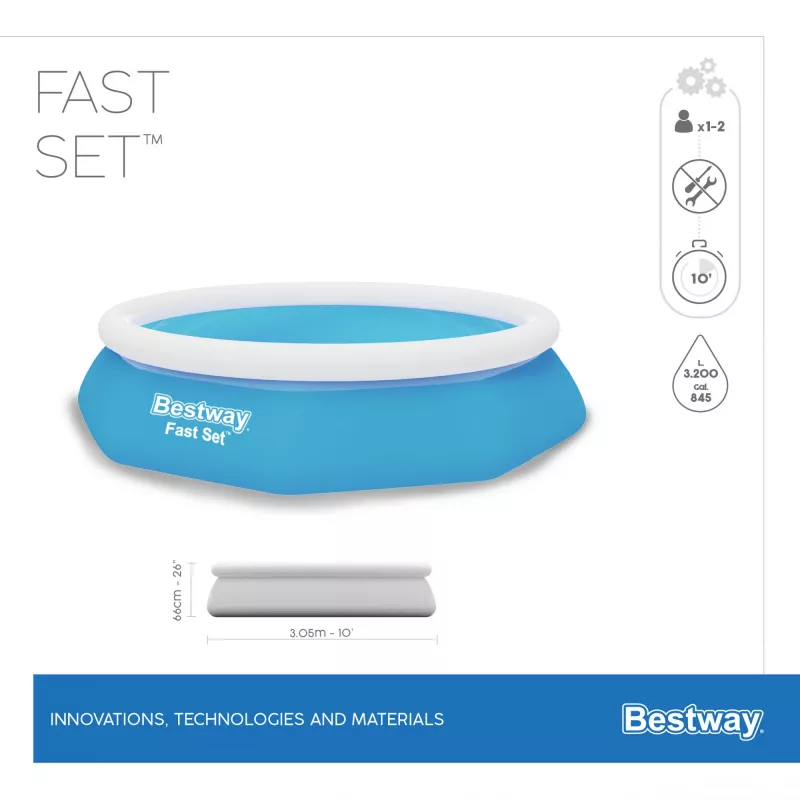 Bestway Fast Set piscina redonda inflable set 3,05 m x 66 cm, 3200 L, piscina inflable, niños y adultos, azul, blanco, 9,26 kg