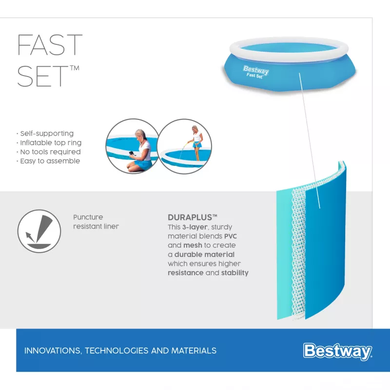 Bestway Fast Set piscina redonda inflable set 3,05 m x 66 cm, 3200 L, piscina inflable, niños y adultos, azul, blanco, 9,26 kg