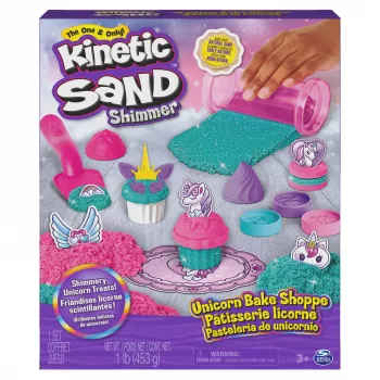 Kinetic Sand Shimmer, set de juego de pastelería unicornio, 16 oz (turquesa brillante y rosa neón), 8 herramientas de unicornio, juguete sensorial para niños a partir de 3 años