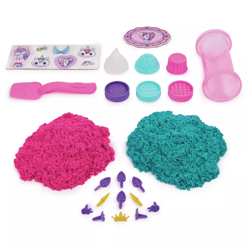 Kinetic Sand Shimmer, set de juego de pastelería unicornio, 16 oz (turquesa brillante y rosa neón), 8 herramientas de unicornio, juguete sensorial para niños a partir de 3 años