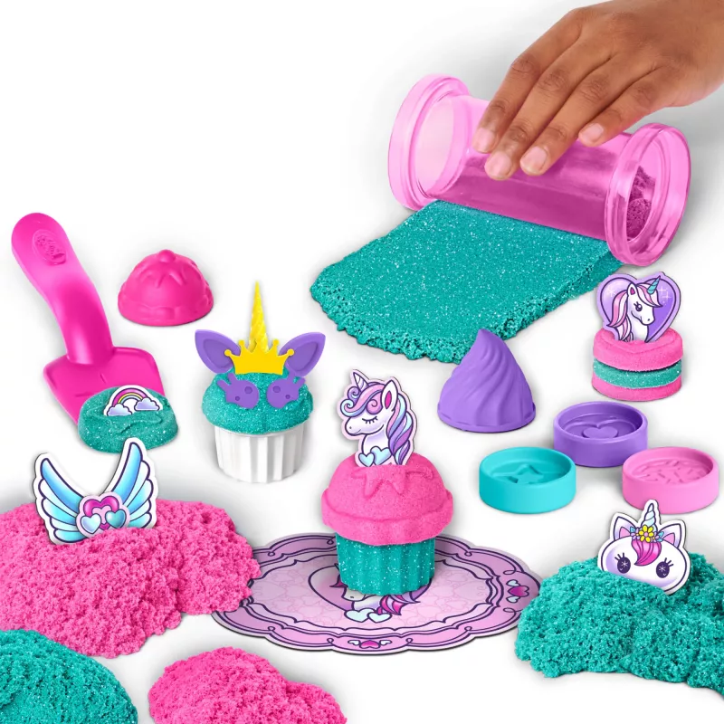 Kinetic Sand Shimmer, set de juego de pastelería unicornio, 16 oz (turquesa brillante y rosa neón), 8 herramientas de unicornio, juguete sensorial para niños a partir de 3 años