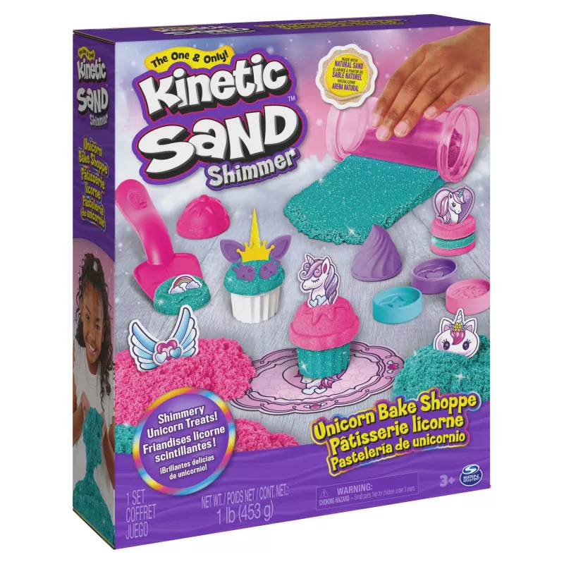 Kinetic Sand Shimmer, set de juego de pastelería unicornio, 16 oz (turquesa brillante y rosa neón), 8 herramientas de unicornio, juguete sensorial para niños a partir de 3 años