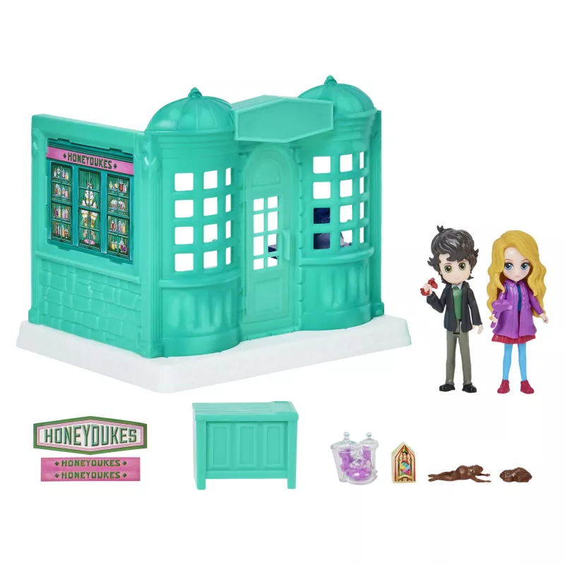Wizarding World Harry Potter, tienda de dulces Honeydukes Magical Minis con 2 figuras exclusivas y 5 accesorios, juguete infantil a partir de 6 años