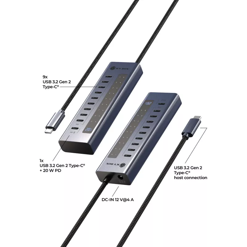 Hub USB icybox IB-HUB1450-C31 — 10 puertos, USB 3.2