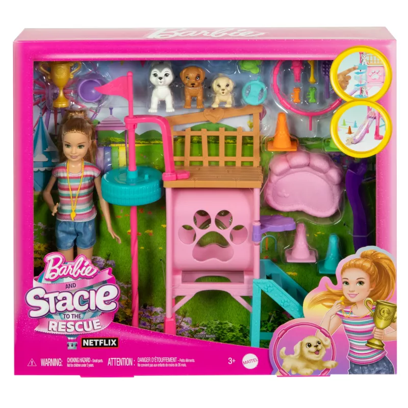 Barbie and Stacie to the Rescue set de juego de parque para cachorros con muñeca, 3 figuras de perros y accesorios