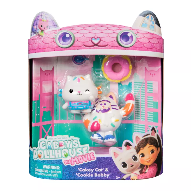 La casa de muñecas de Gabby: La película, Cakey Cat y Cookie Bobby, figuras con 2 accesorios, juguete infantil para niñas y niños a partir de 3 años